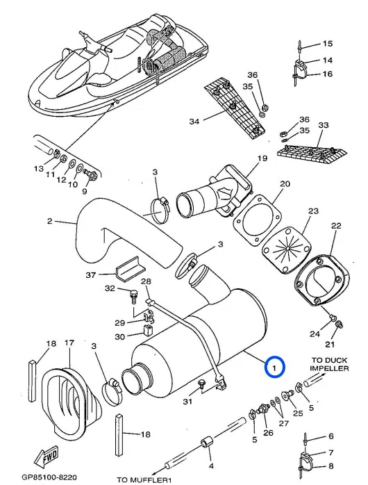 Silencieux d'échappement - Water Lock Comp Yamaha 1200 cc GP 1997-1998 référence GP8-67550-00-00, GP8-67550-01-00 – Image 2