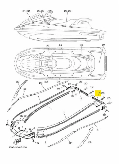Pare-chocs arrière gauche - Gunwale Stern 1 Yamaha GP-VX 1050-1800cc 2015-2020 référence F2X-U251D-10-00 – Image 2