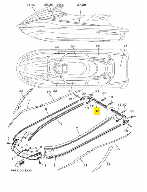 Pare-chocs arrière droit - Gunwale Stern 2 Yamaha GP-VX 1050-1800cc 2015-2020 référence F2X-U251E-10-00 – Image 2